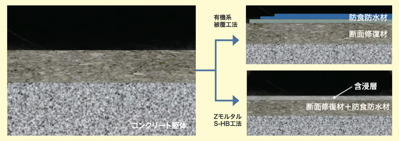 コンクリート躯体 有機系被膜工法：防食防水剤、断面修復材 ZモルタルS-KB工法：含有層、断面修復材+防食防水材